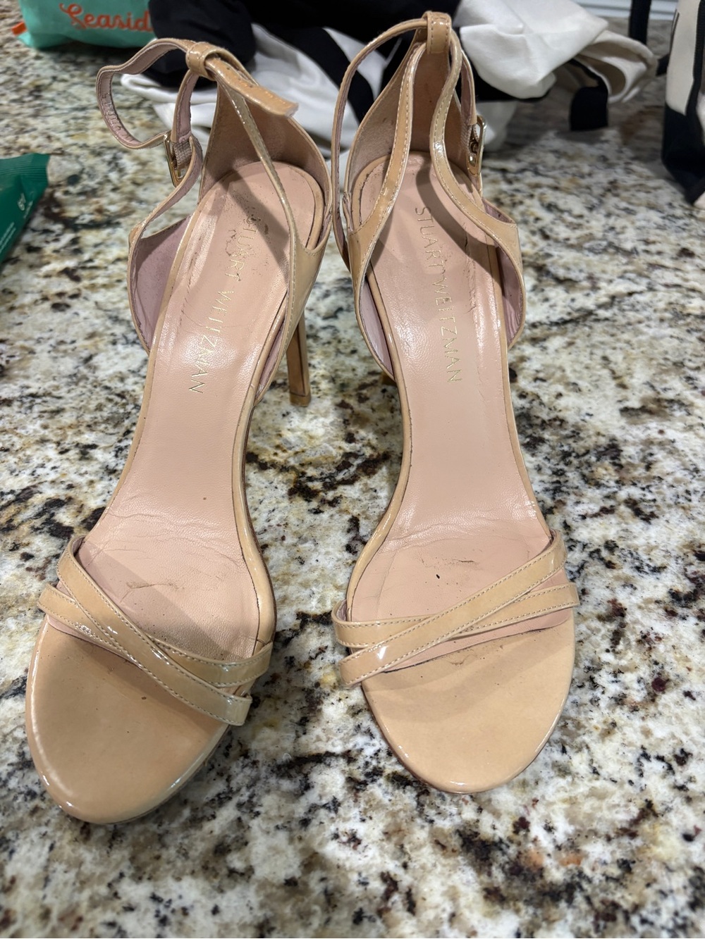 Stuart Weitzman Beige Patent Leather Ankle-Strap Heels